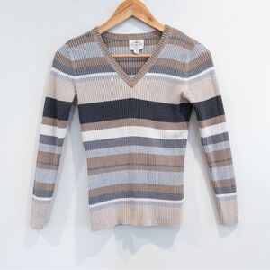 St. John's Bay V Neck Striped Rib Knit Sweater Neutral Shades Cotton Small
